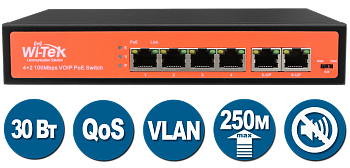 Wi-Tek WI-PS505V (Неуправляемый коммутатор 4 PoE порта 100Base-TX + 2 100Base-TX)
